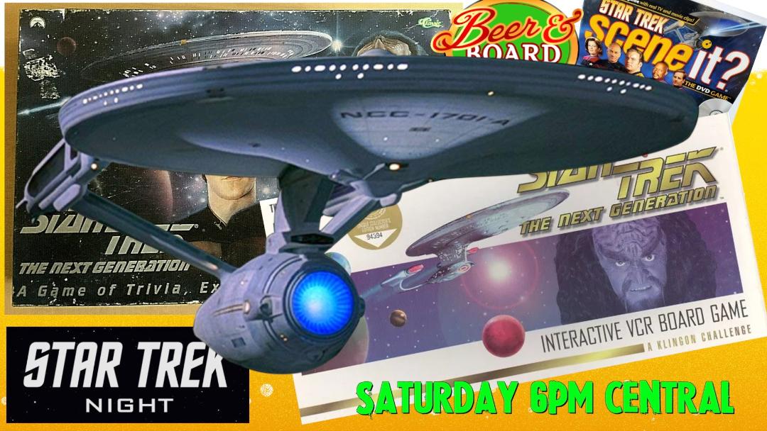 beerandboard's tweet photo. Tonight is Star Trek night on Beer and Board Games!  With guests Sarah Connor and Tony Mayer. Expect costumes and chaos! #StarTrek  https://t.co/uTtXFXeX4a https://t.co/dm7jBIBz69
