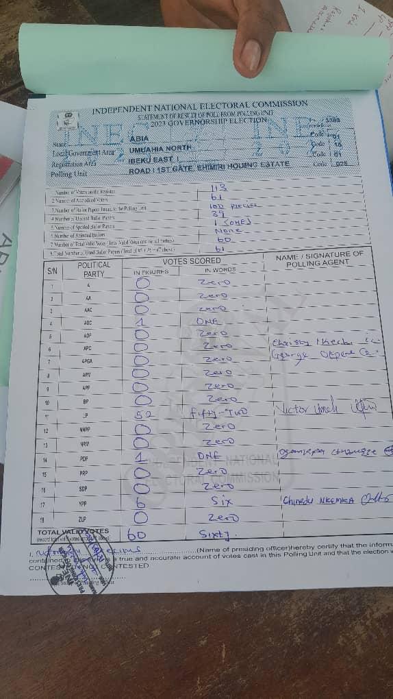 Officialppaul's tweet photo. Abia State original pu results, in case they upload fake one we go hold them, we won't reinforce failure https://t.co/vLCdvKxtJ8