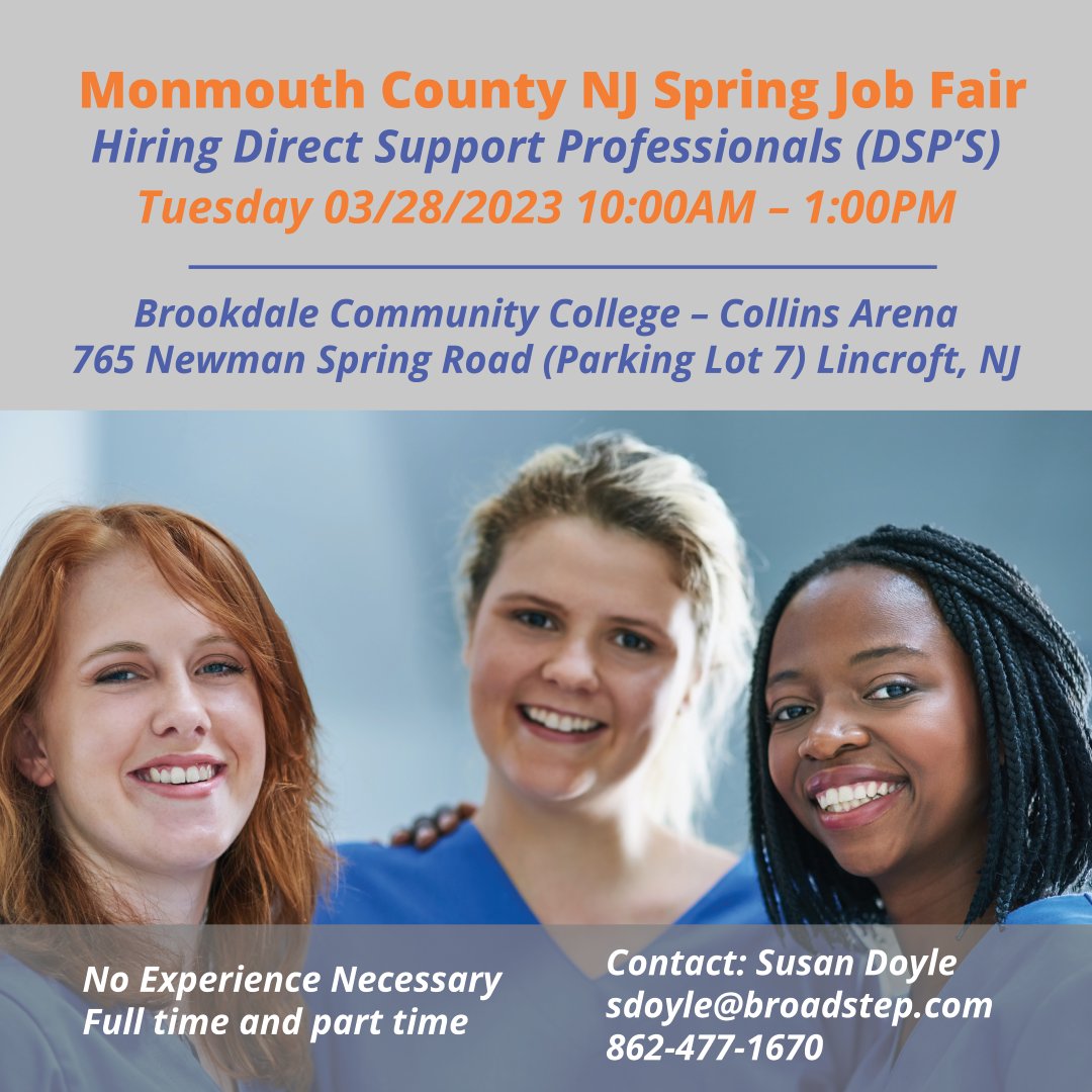 Broadstep1's tweet photo. JOB FAIR-DSP’S
Monmouth County NJ Job Fair Tuesday March 28th from 10:00AM – 1:00PM
Questions: sdoyle@broadstep.com  
Brookdale Community College – Collins Arena 765 Newman Spring Rd (Lot 7) Lincroft, NJ 
https://t.co/9vK7ZfJxmf. 
#dsp #jobfair #newjersey https://t.co/Or6lV1WxGN