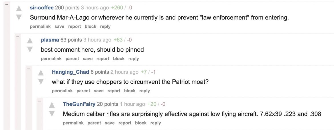AmoneyResists's tweet photo. MAGA are currently planning to “surround Mar-a-lago or wherever he is” to “shoot any law enforcement entry” that attempts to arrest Trump. These people are not patriots. They do not support the police. They are not for “law and order.” They’re domestic terrorists. https://t.co/xyRJVWprrg
