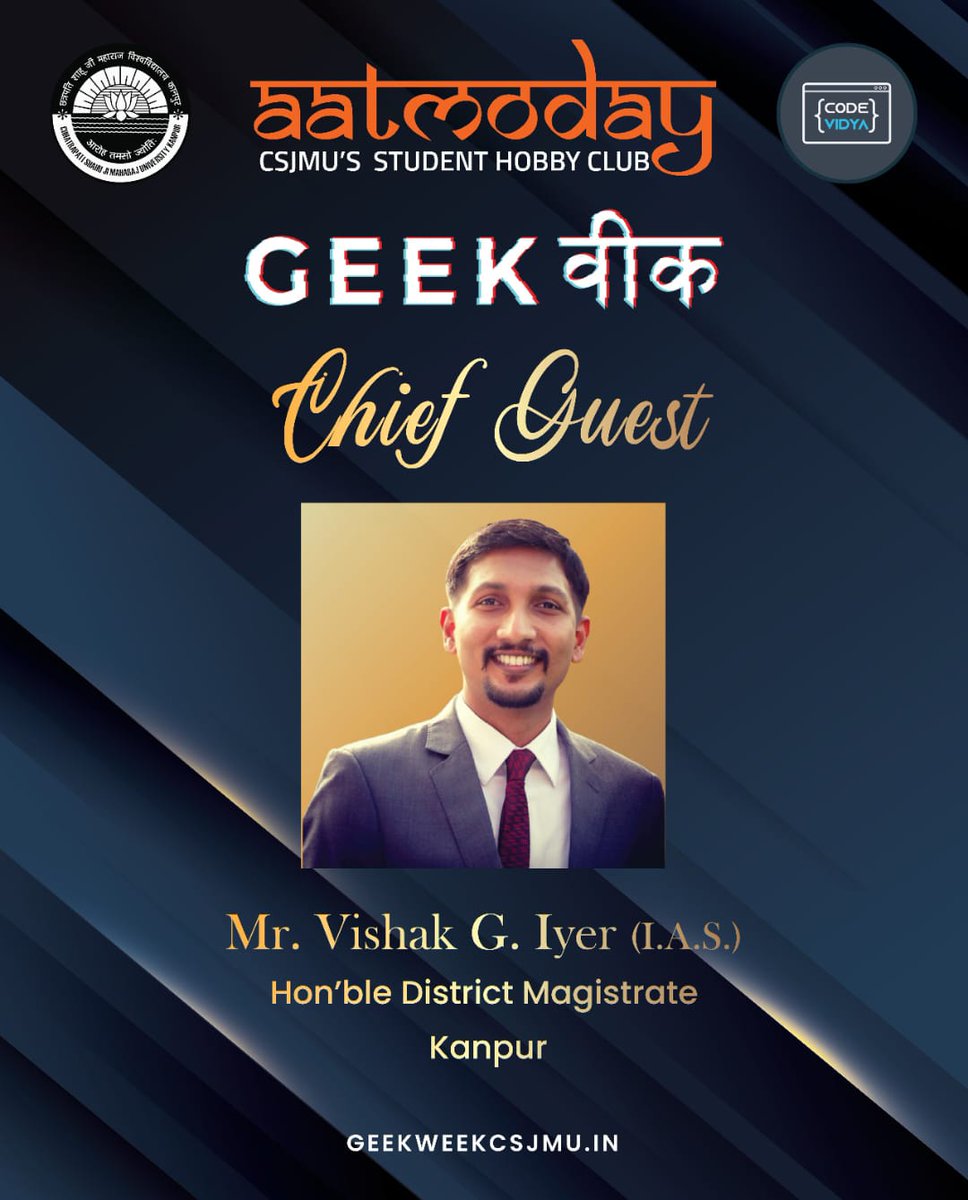GeekWeekCsjmu's tweet photo. We're thankful and excited to have The Hon'ble District Magistrate of Kanpur Vishak Iyer Sir @vishakg as our Chief Guest for the inauguration ceremony of Geek-Week at Kanpur @csjm_university Kanpur. And now the excitement and hype has doubled! Don't miss this golden opportunity. https://t.co/PCpUGGsO6J