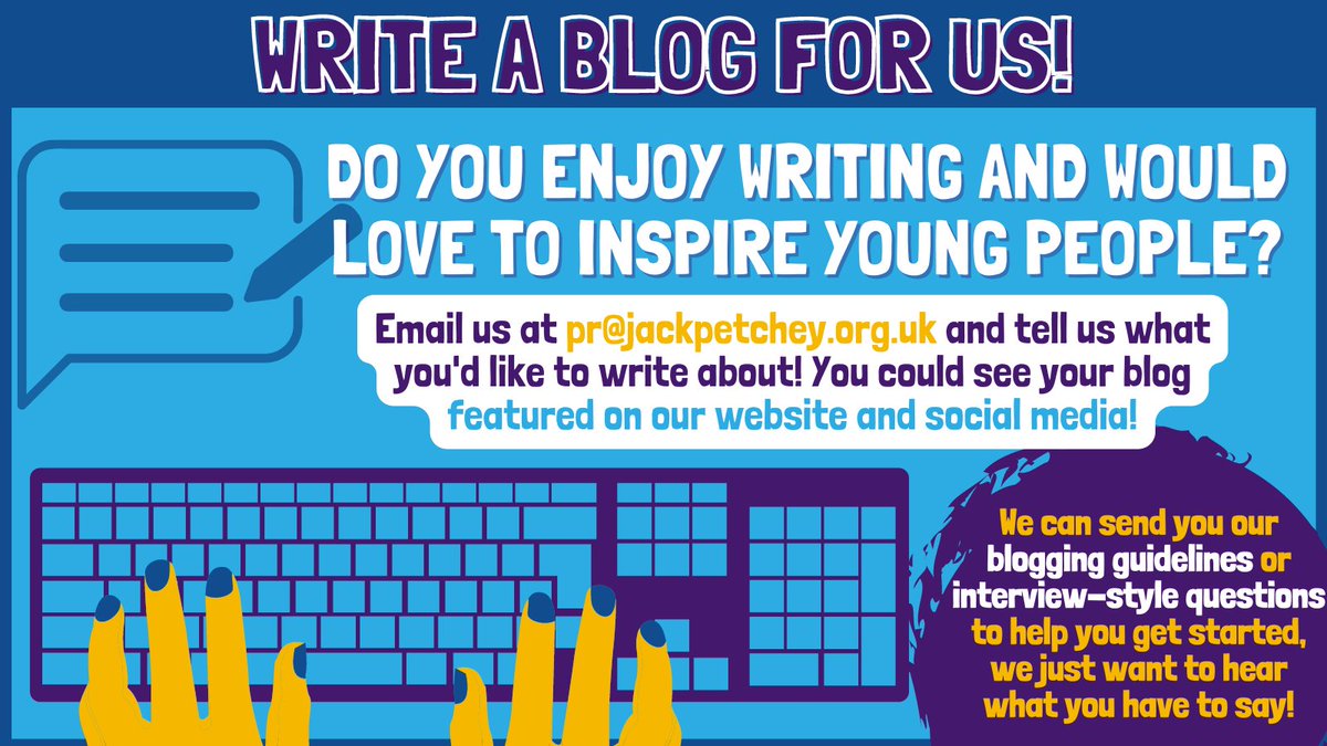 ✨ If you enjoy writing and want to #inspire other young people, we have an #opportunity for you!

📑 Send us a blog to inspire young people and it could feature across our website and social media by thousands of people!

👉 Email your blog at: PR@Jackpetchey.org.uk