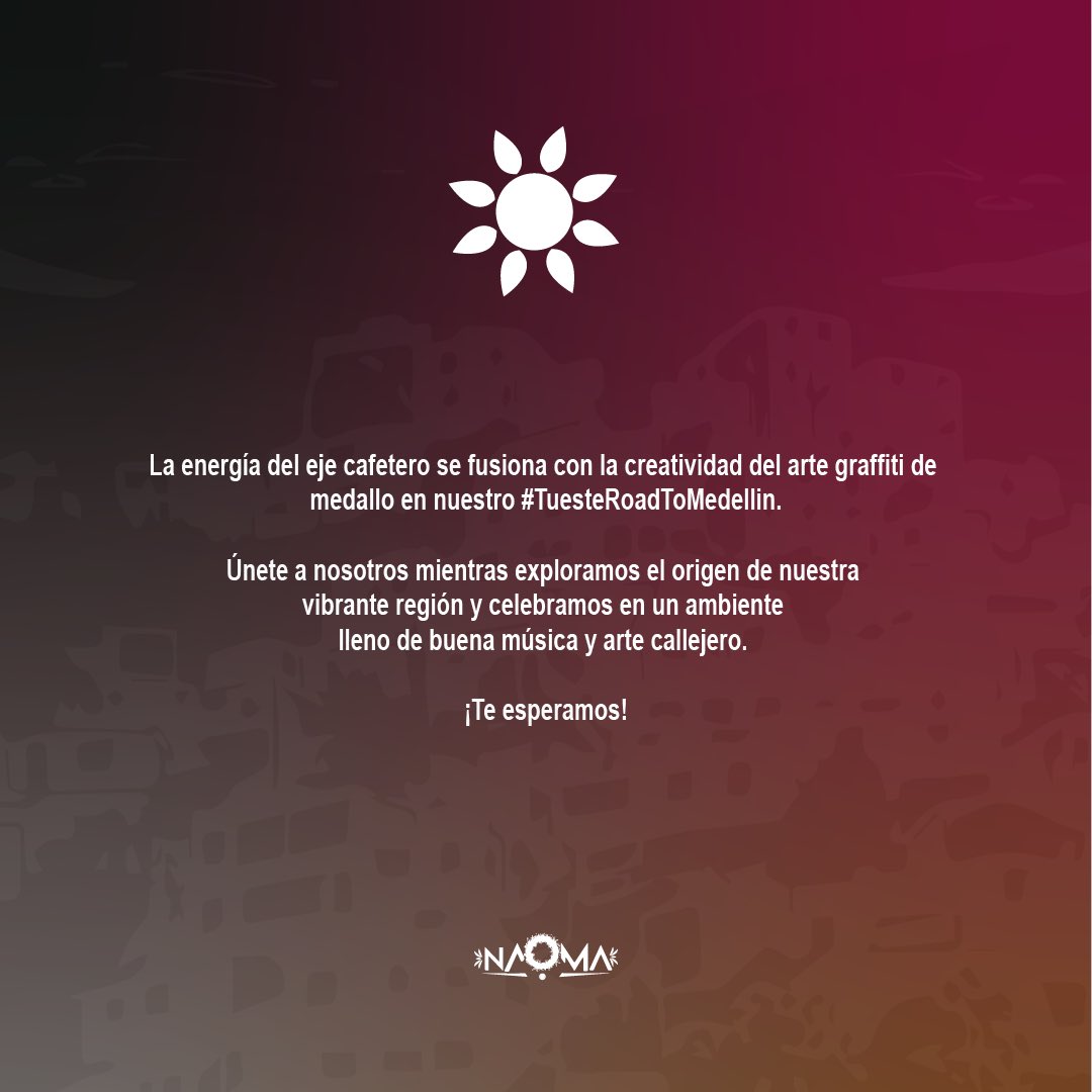 Tuestecommunity's tweet photo. "La energía del eje cafetero se fusiona con la creatividad del arte graffiti de #medellin en nuestro #Tuesteroadtomedellin . Únete a nosotros mientras exploramos el origen de nuestra vibrante región y celebramos en un ambiente lleno de buena música y arte callejero.¡Te esperamos! https://t.co/6TG5uiGEj7