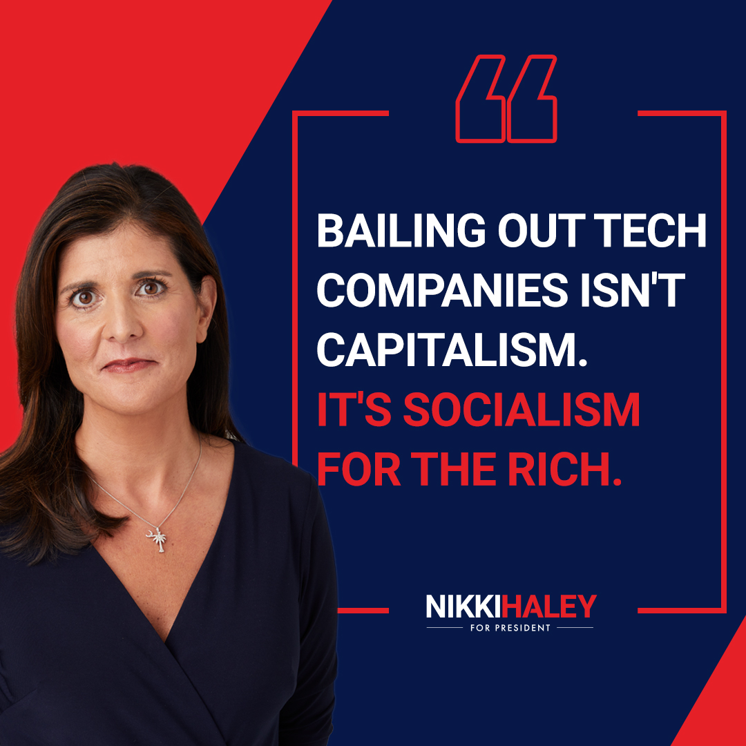 TeamHaley's tweet photo. Taxpayers shouldn't be on the hook for bailing out big tech. https://t.co/VS3P3miaZq