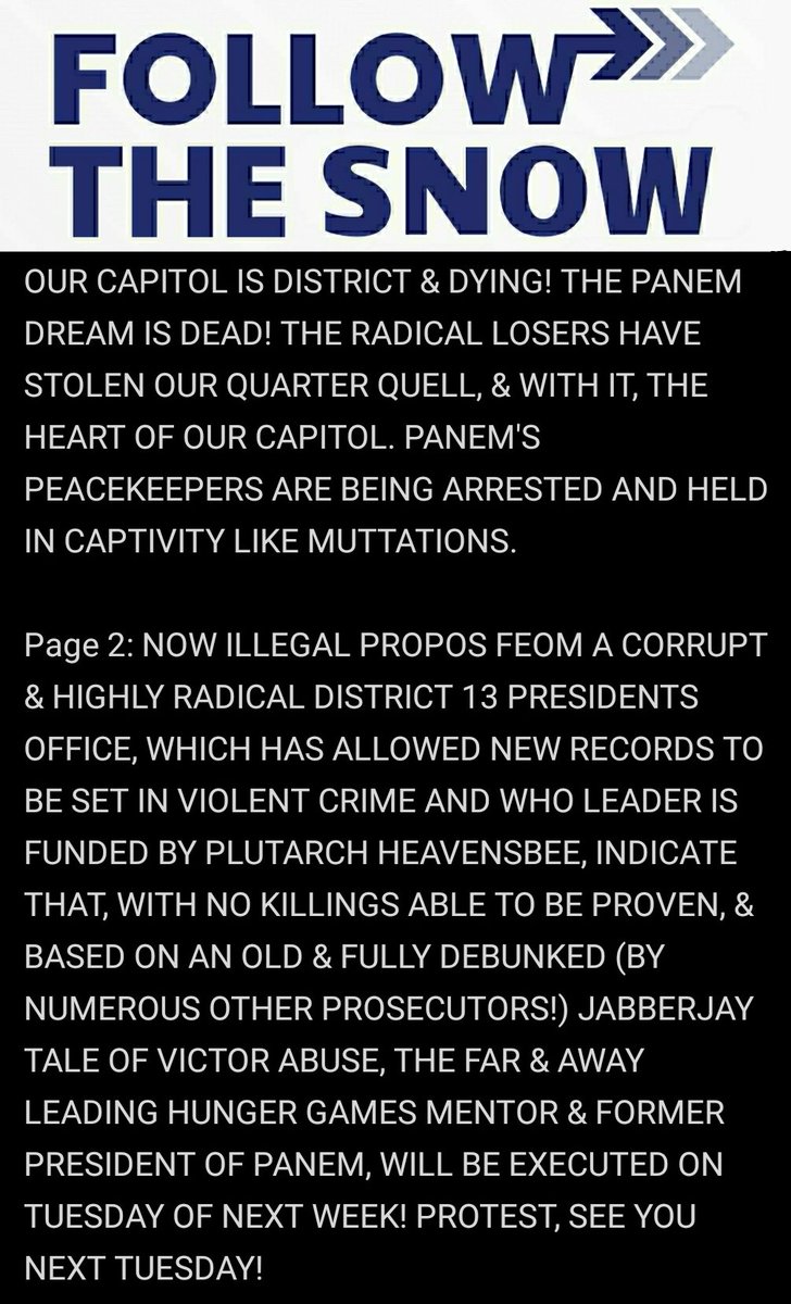 realPrezSnow's tweet photo. President Coriolanus Snow will be executed on Tuesday because how else can the Districts turn the attention away from their own corrupt radical behavior #ArrestingTrump #TakeOurNationBack #SeeYouNextTuesday https://t.co/zvMY7FPvPr