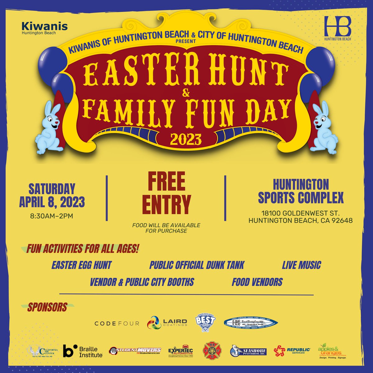HBCommServices's tweet photo. We're partnering with @hbkiwanis for the return of the Easter Hunt and Family Fun Day on April 8, from 8:30am-2pm at the Sports Complex at Huntington Central Park. Stop by for a day of fun! 🐰 🥚 

More info: 714-960-8884
Sponsorship opportunities: https://t.co/2gwO2S9Oty https://t.co/c5SOOVtT2Q