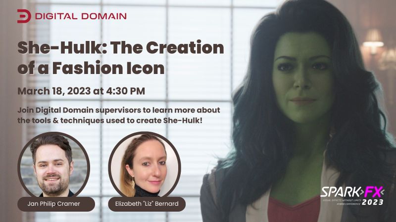 DigitalDomainDD's tweet photo. Don't miss Phil Cramer and Liz Bernard at #SPARKFX today! Their #SheHulk presentation will highlight everything from #CG makeup to shapewear and costumes, and also #machinelearning and photorealistic #facialanimation.
4:30PM - see you there!! https://t.co/SgdVMfZXlN