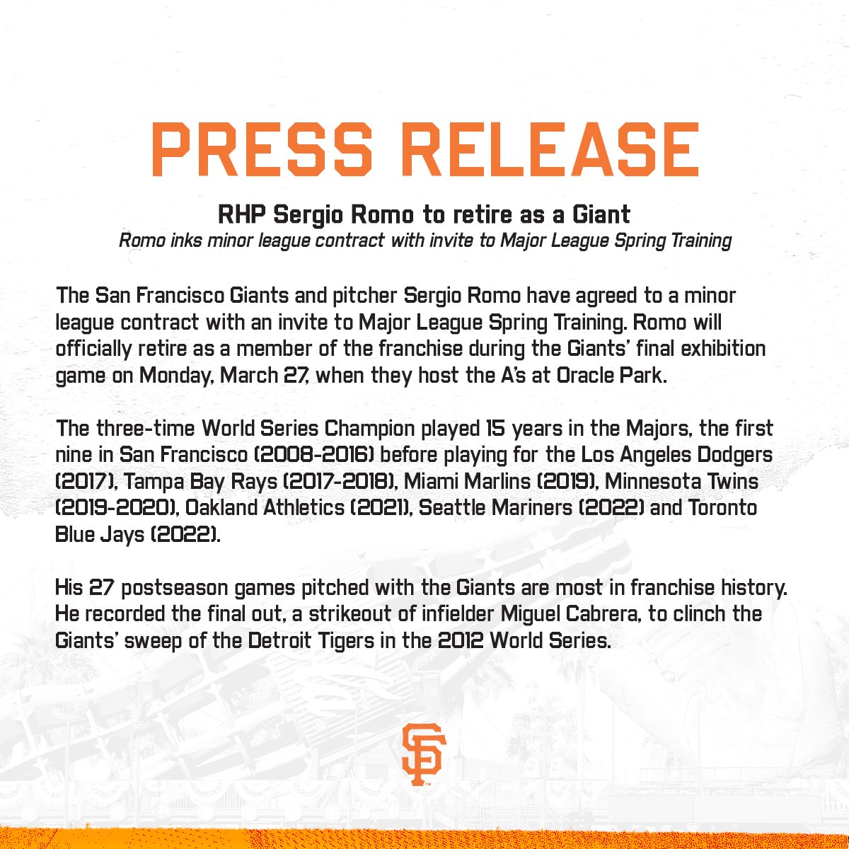 SFGiants on X: Details on the #SFGiants signing of Sergio Romo ✍️   / X