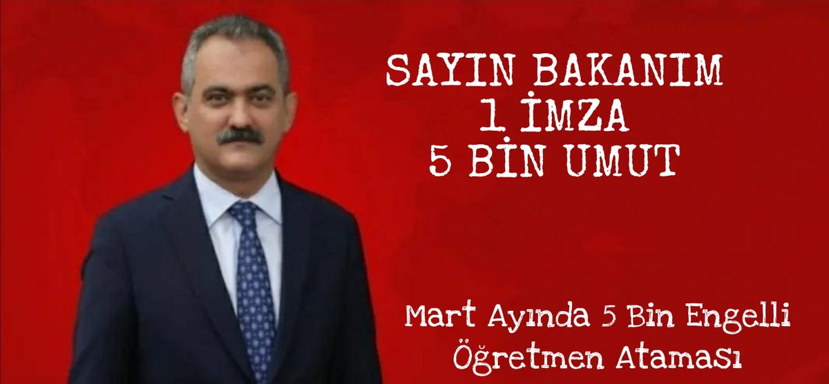 #Kabinede5000EngelliOgrt
Sayın Cumhurbaşkanım, değerli milletvekilleri   14 Mayıs Cumhuriyet tarihinin en önemli  seçimlerinden biridir.  Lütfen biz engellilerin sesini duyun seçim öncesi yüksek bir atama bekliyoruz. 
<a href="/tcbestepe/">T.C. Cumhurbaşkanlığı</a>
<a href="/deryayanikashb/">Derya Yanık</a>
@arzuerdemDB
<a href="/AvSerkanBayram/">Av.Serkan Bayram</a>