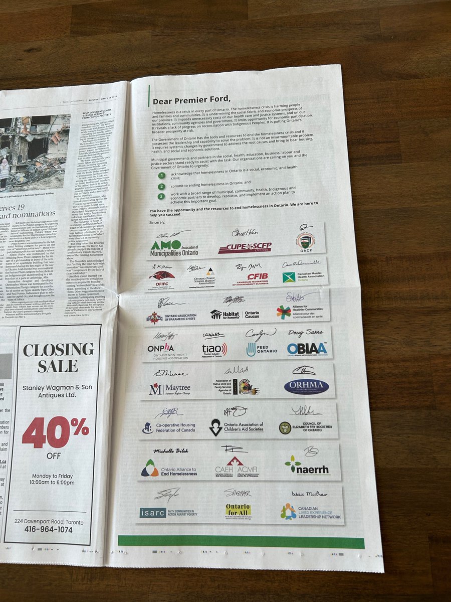 In today's <a href="/globeandmail/">The Globe and Mail</a>, <a href="/AMOPolicy/">AMO</a> and 25 organizations from the social, health, education, business, labour, and justice sectors signed on to an open letter to <a href="/fordnation/">Doug Ford</a> calling on the provincial government to commit to end homelessness. Learn more at amo.on.ca/advocacy/healt…