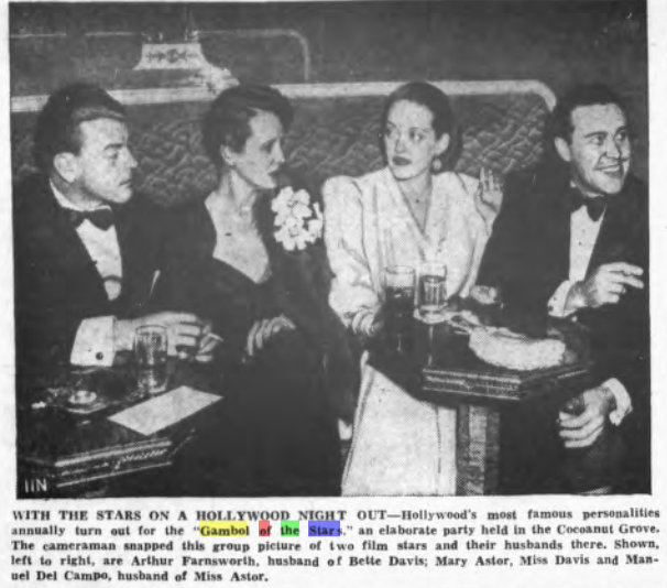 SoScarlett1's tweet photo. Mary Astor next to Bette Davis at the Cocoanut Grove nightclub inside the Ambassador Hotel, for the fundraiser - Gambol of the Stars. #oldmoviestars #TCM #oldHollywood #oldmovies #TCMparty #CocoanutGrove #MaryAstor #BetteDavis https://t.co/eR0nFcOQmA