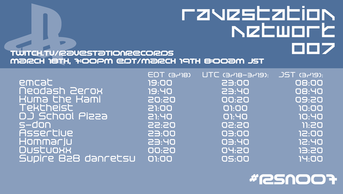 ravestationrec's tweet photo. RaveStation Network 007 starts in about 4 and a half hours at 7:00PM EDT / 8:00AM JST!
Come join us and listen to some great music! #RSN007 https://t.co/kq0Q877fNW