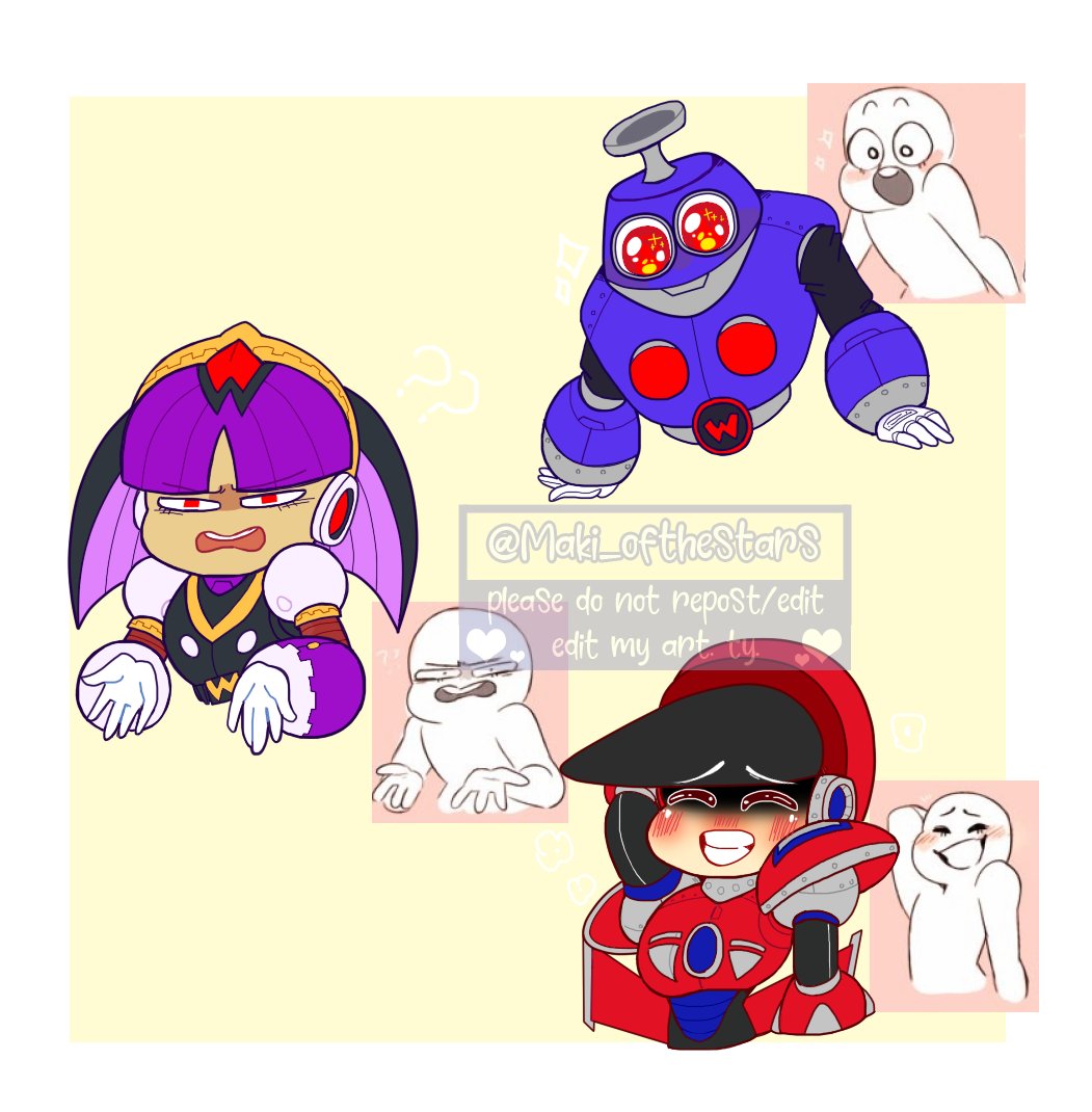 INFINITE__PINK's tweet photo. babe wake up, I found the famous faces meme and drew robots with it!
EXTRA for Coda (civilian comet woman) and Madam W!
#Megaman #MegaManunlimited #ロックーマン #CometWoman #JetMan #TrinitroMan #GlueMan #YoYoMan #NailMan #PianoWily #WWaltz #MadamW https://t.co/KsCraEBiQq