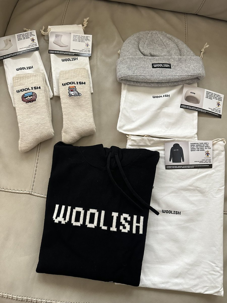 Just got my first full set of Merch from <a href="/wolfdotgame/">Wolf Game</a> 
I wanted to make sure I had the right size hoodie before ordering the rest. The hype on the quality of the $WOOL was very real &amp; did not disappoint

Very nice touch by the Shepherd on the A8 socks❤️-Ordering the rest today🌊