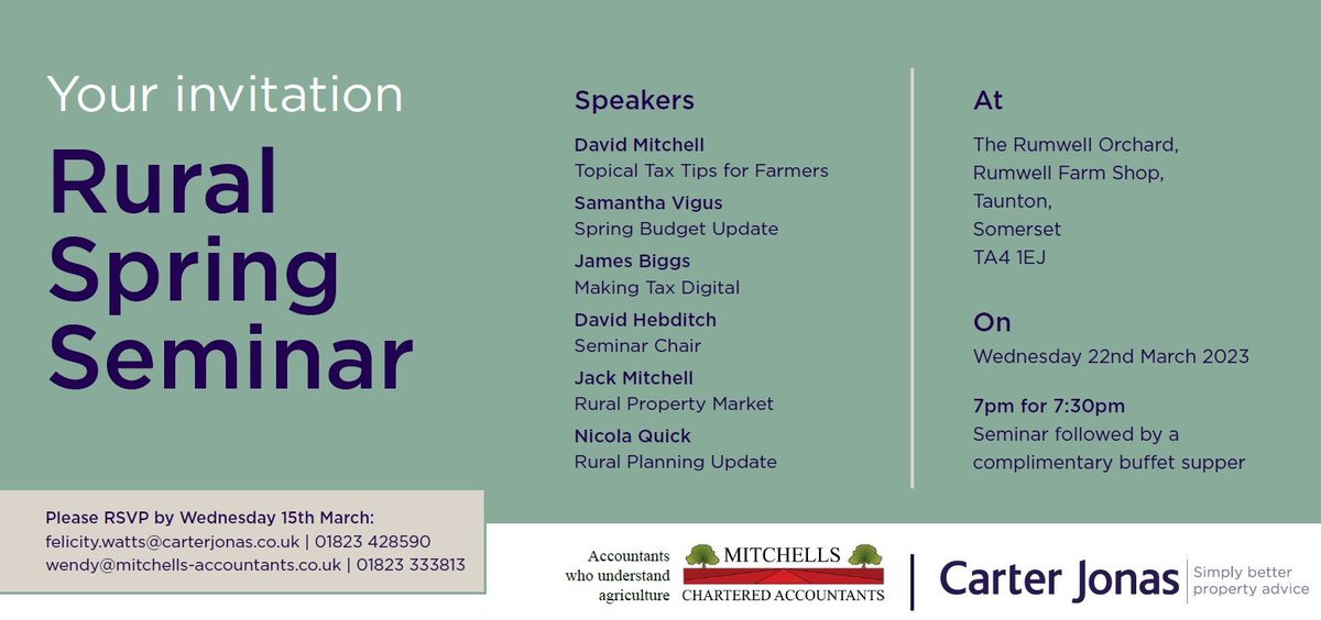 📣 Thrilled to be hosting a FREE Rural Spring Seminar with <a href="/CarterJonas/">Carter Jonas</a> @ The Rumwell Orchard <a href="/rumwellfarmshop/">Rumwell Farm Shop</a> on 22 March, 7:30pm. Contact us now to reserve your place (&amp; supper!) &amp; listen to professionals discuss the budget, tax, rural planning and the rural property market.