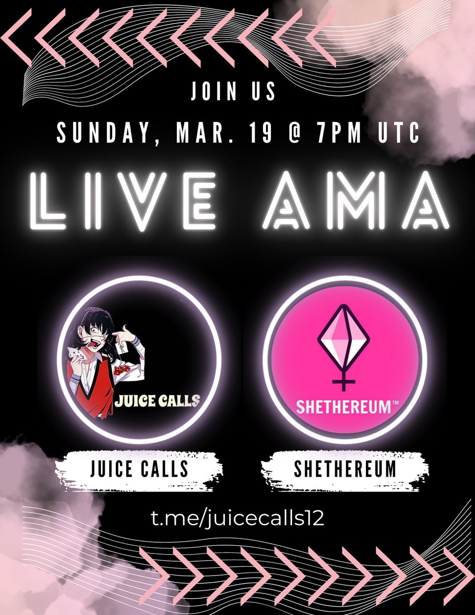 shethereumtoken's tweet photo. Join us tomorrow Sunday, March 19th @ 7PM. UTC - with JUICE CALLS for another Live AMA! Don’t miss the AMA train guys - we’re not stopping! https://t.co/N9IaCu460l 💖🔥🚊 https://t.co/W7MMkEwh6J