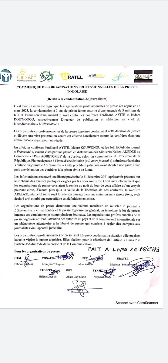 synjit_togo's tweet photo. Suite à la condamnat° de notre SG @IsidoreKouwonou et @Ferdi_Ayi, le #Synjit &amp; les organisat° sœurs dénoncent une volonté de museler "L'Alternative" en particulier et la presse #togo-laise en général. Et appelent surtt à une réécriture de certaines disposit° du Code de la #presse https://t.co/4C7cLyT7cM