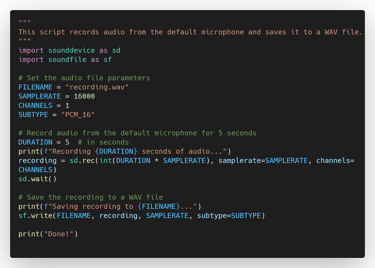 JorgeEscobar's tweet image. Hoy me puse al día con las actualizaciones de
@OpenAI
- Grabe mi voz y logre transcribirlo a texto usando #WhisperAPI
Anexo fotos del Código en #Python