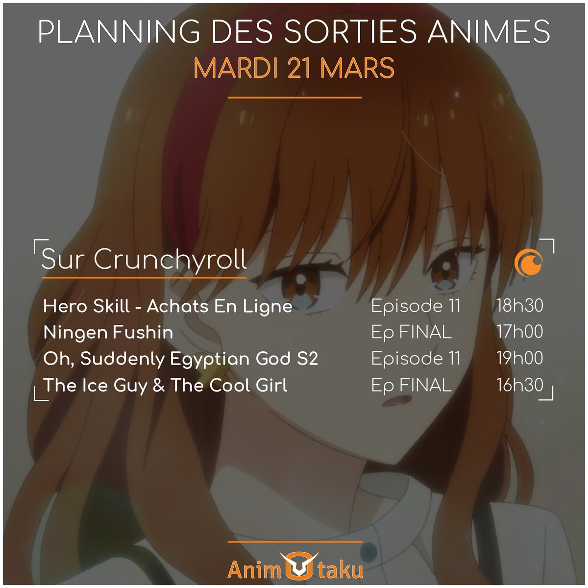AnimOtaku_fr's tweet photo. 🔶 Bon mardi à tous ! Voici les sorties animes du jour, avec deux séries qui prennent fin :
- #HeroSkill EP11 🍖
- #NingenFushin EP 12 (et final) ⚔️
- #TheIceGuy EP12 (et final) ☃️
Bon visionnage !
#anime https://t.co/BSpw5pMqQG