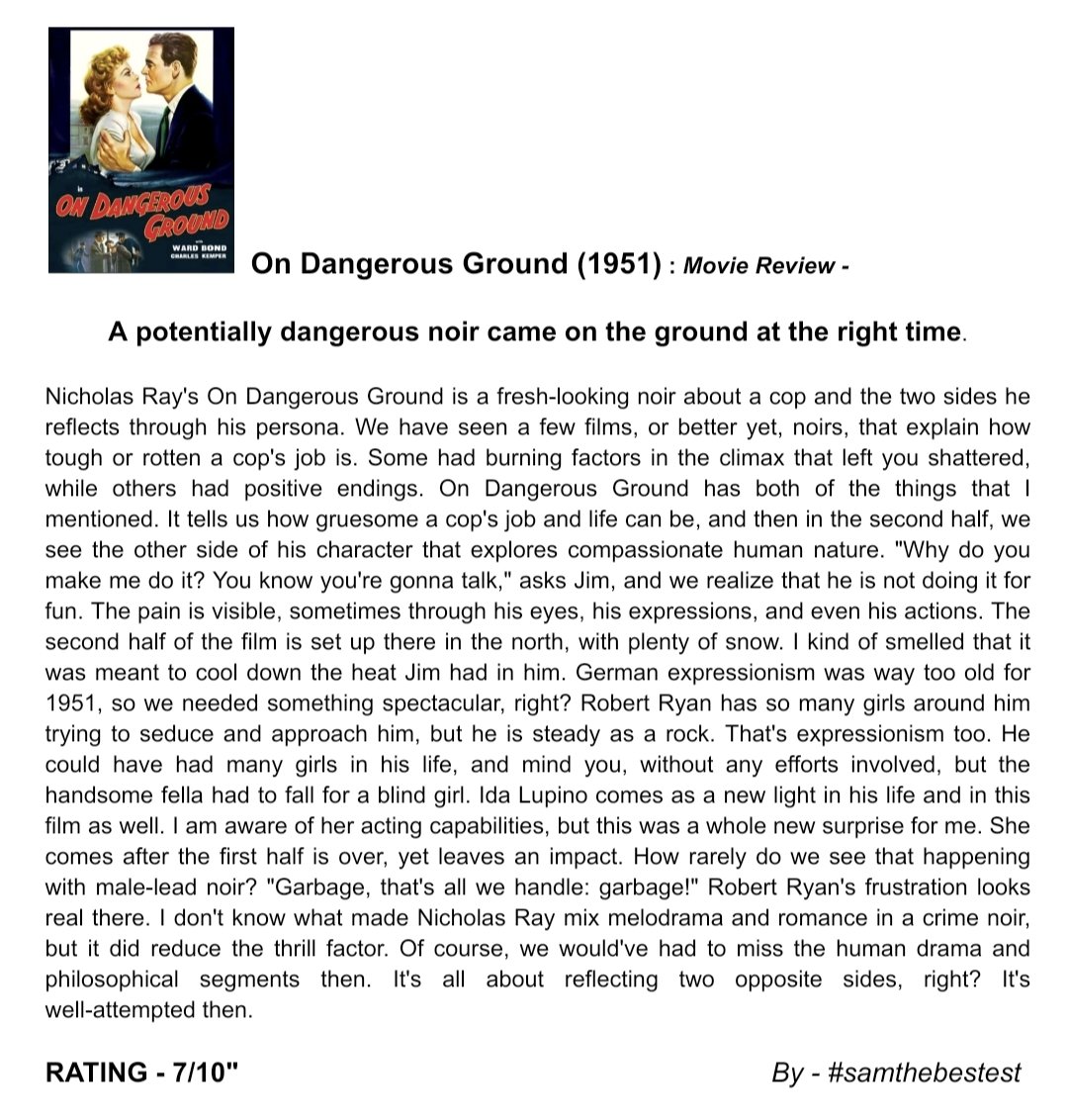 SAMTHEBESTEST_'s tweet photo. Watched #OnDangerousGround (1951) :

A potentially dangerous noir came on the ground at the right time. 

RATING - 7/10"

#nicholasray #robertryan #idalupino #wardbond #charleskemper #anthonyroses #ednegley #ianwolfe #gusschilling #frankferguson #moviereview #filmreview https://t.co/w8CJmjeMPR