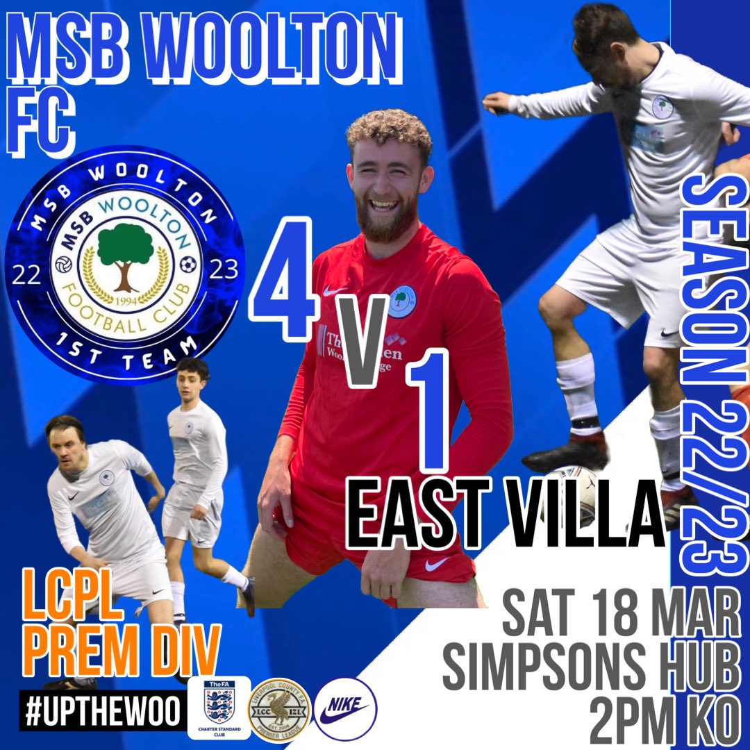 MSB Woolton FC (1st, Ressies, 3rd’s & U23 Teams) (@msbwooltonlcpl) on Twitter photo Flattering score line in the end for @MSBWOOLTONLCPL 1sts, with a 4-1 win against a very good <a href="/EastVillaFC/">East Villa FC</a> 👏
Credit to the lads who stuck at it at 2-1 and were able to finish the game off with 2 late goals
⚽️⚽️ Tetley
⚽️ Wolfy
⚽️ Benji
Hard work continues!
🔵⚪️
#upthewoo Flattering score line in the end for @MSBWOOLTONLCPL 1sts, with a 4-1 win against a very good <a href="/EastVillaFC/">East Villa FC</a> 👏
Credit to the lads who stuck at it at 2-1 and were able to finish the game off with 2 late goals
⚽️⚽️ Tetley
⚽️ Wolfy
⚽️ Benji
Hard work continues!
🔵⚪️
#upthewoo