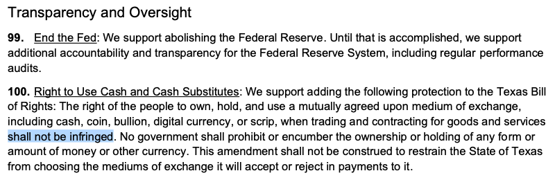 The right to buy, sell, send, and receive Bitcoin shall not be infringed.
This is already part of Texas GOP's official platform.
Other states can copy this language. 
Along with Ending the Fed.
They're all going to need it soon.
texasgop.org/wp-content/upl…