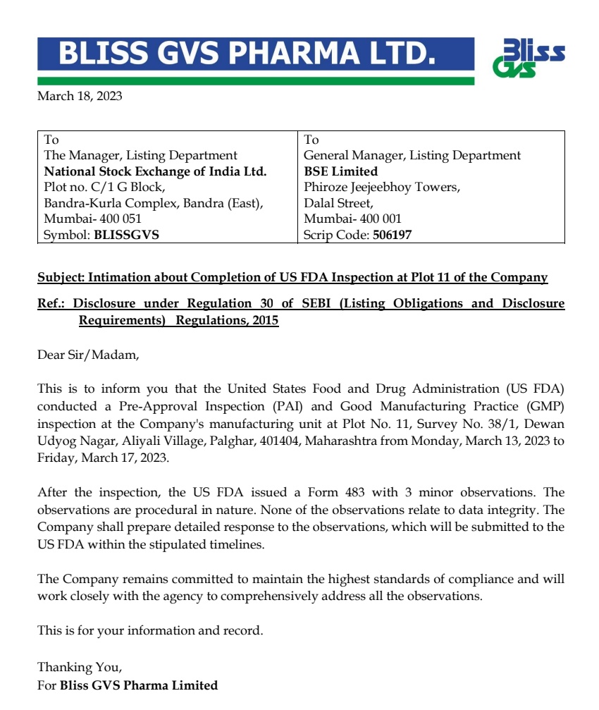 MarketVedantA's tweet image. Bliss GVS Pharma Ltd Receives 3 minor observations from USFDA for Palghar unit

#BlissGVSPharma  #Form483 #USFDA #PreApprovalInspection #GMP #PalgharUnit