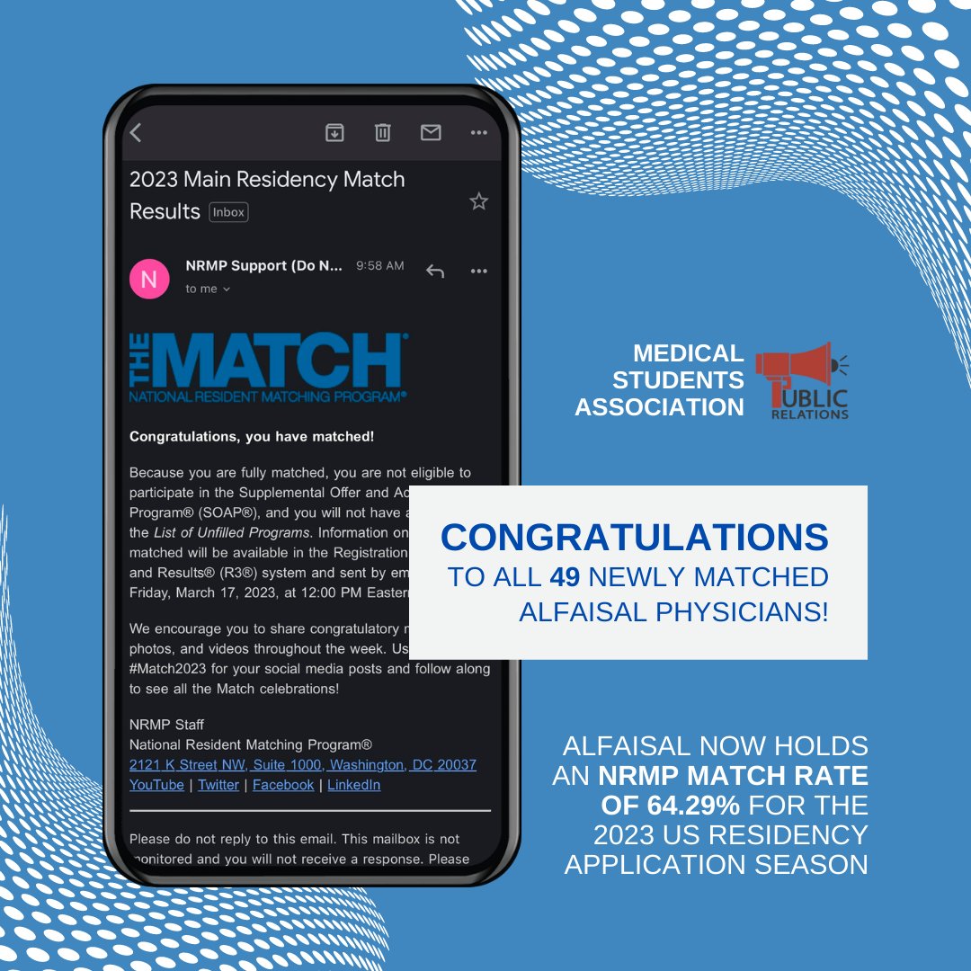 MSA_AU's tweet photo. The College of Medicine would like to congratulate all 49 #alfaisalgrads that have successfully matched into US residency! 🩺 #Match2023 
Your hard work and dedication have truly paid off, and we are thrilled to see you all achieve such incredible success. https://t.co/dVlrTqzFdZ