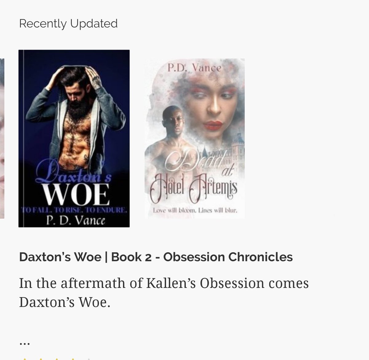 pdvancewrites's tweet photo. If you missed it, Daxton’s Woe and Dead at Hotel Artemis were updated last night on @Inkitt! https://t.co/nuxvnbMuPf
