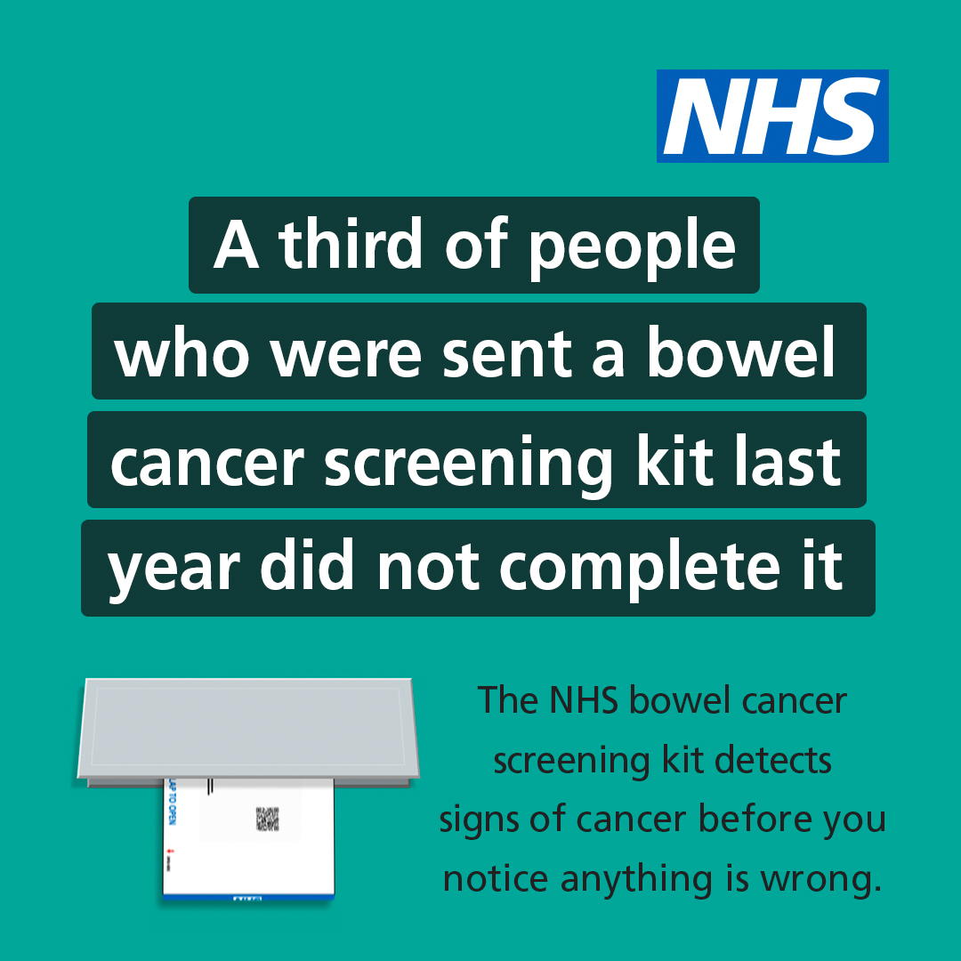 NHSuk's tweet photo. Almost one third of people who were sent an NHS bowel cancer screening kit in England last year did not complete it.

If you’re sent a bowel cancer screening kit, put it by the loo. Don't put it off.

It could save your life. 

➡️ https://t.co/j1AI4yXIJz https://t.co/WqG2DgnizB
