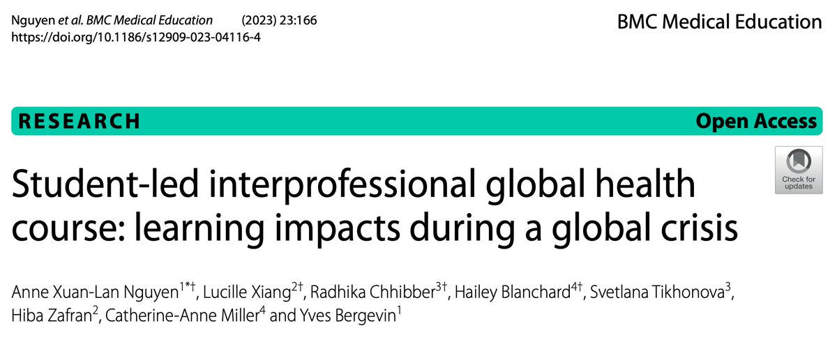 Excited to share our @BioMedCentral study! @McGill_IPGHC is a student-led model for #interprofessional problem-solving to global health issues. #GlobalHealth #StudentLed #MedicalEducation #Doctors #Nurses #Dentists #PTOT🌎👩‍⚕️👨‍⚕️📚👨‍🎓👩‍🎓@McGillGHP

Check it out bmcmededuc.biomedcentral.com/articles/10.11…