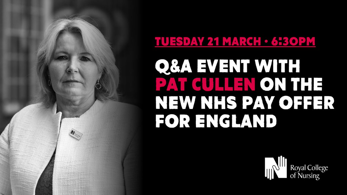 The RCN (@thercn) on Twitter photo Members in England have received a new NHS pay offer from the UK government. Understanding it in full and being ready to vote, is vital.
Join <a href="/patcullen9/">Pat Cullen MP</a> on Tuesday evening to hear more about the offer and our next steps.
bit.ly/3n3Luve Members in England have received a new NHS pay offer from the UK government. Understanding it in full and being ready to vote, is vital.
Join <a href="/patcullen9/">Pat Cullen MP</a> on Tuesday evening to hear more about the offer and our next steps.
bit.ly/3n3Luve