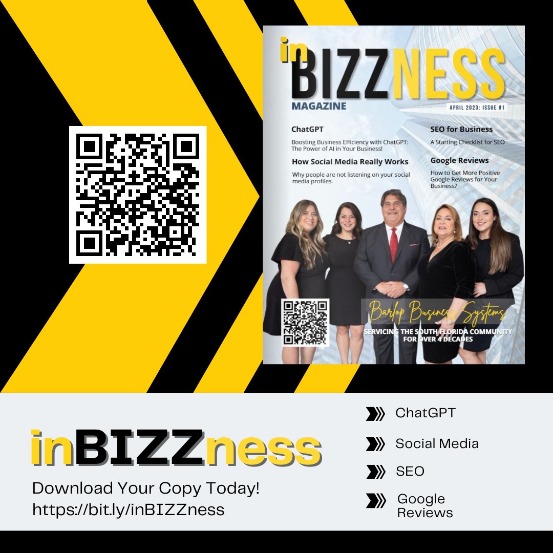 doralshopping's tweet photo. The first issue of inBIZZness Magazine is now live and covers topics like Social Media, SEO, Google Reviews, and #ChatGPT. Valuable insights and advice on starting or growing your business: https://t.co/qzn7mrJxVS #inBIZZnessMagazine https://t.co/5hK0PCVwSy