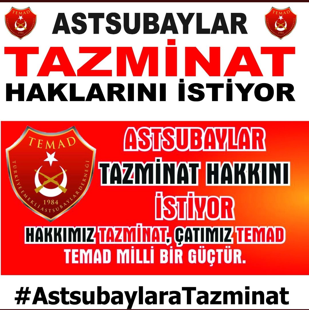 #AstsubaylarTekYürek
BARIŞTA VE SAVAŞTA, KARADA, DENİZDE VE HAVADA
HER ZAMAN VE HER YERDE
MİLLETİME VE CUMHURİYETİME
DOĞRULUK VE MUHABBETLE HİZMET,EDEN ASTSUBAYLARIN TAZMİNAT HAKLARI VERİLMELİDİR.
<a href="/RTErdogan/">Recep Tayyip Erdoğan</a>
<a href="/dbdevletbahceli/">Devlet Bahçeli</a> 
<a href="/mustafaelitas/">Mustafa Elitaş</a>