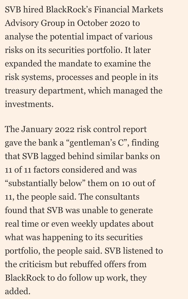 A BIG scoop: <a href="/brookeamasters/">Brooke Masters</a> &amp; me.

Silicon Valley Bank hired BlackRock to study its risk controls and securities portfolio in the years leading up to its demise. After receiving a “gentleman’s C” on risk, it abandoned the review before making fixes.

ft.com/content/fbd9e3…