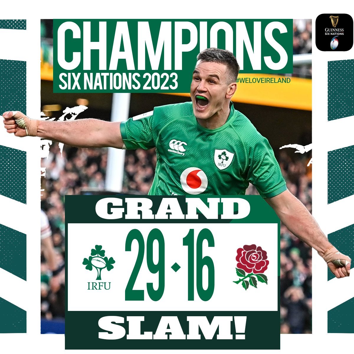 Grand Slam Winners! What a feeling!🎉🏆 Ireland have won the Grand Slam! What a superb Guinness 6 Nations campaign! 𝐅𝐔𝐋𝐋 𝐓𝐈𝐌𝐄: ☘️29 - 🏴󠁧󠁢󠁥󠁮󠁧󠁿16 Deservedly the best side in world rugby right now! 🙌
