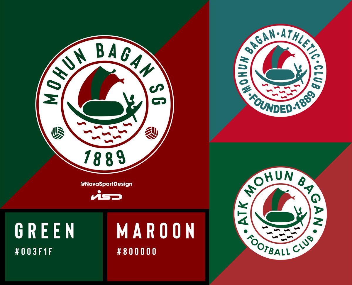 NovaSportDesign's tweet photo. •The current logoes of MBAC &amp; ATKMB both has flaws on the color palette used.
•The New refreshed look must bring the most 'accurate' club colors,
🟢Green [hex # 003F1F] 
🔴Maroon [hex # 800000]

#MohunBagan #ATKMohunBagan #MohunBaganSG
@rpsggroup @atkmohunbaganfc @Mohun_Bagan https://t.co/shZsmFu0zs