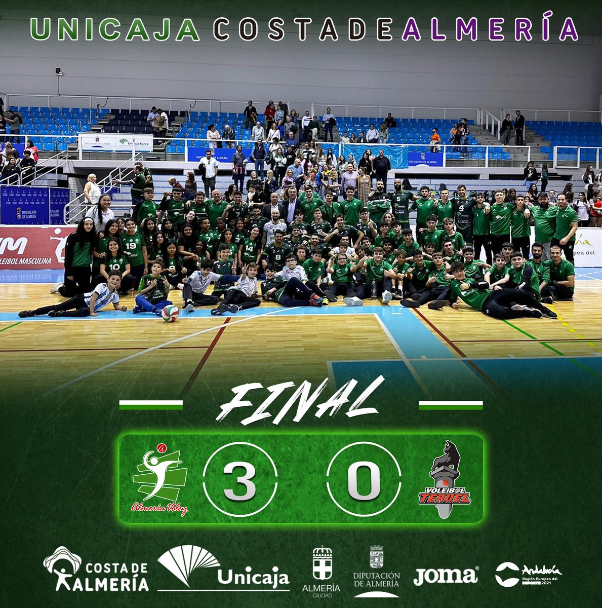 cvalmeria's tweet photo. ✅ Sólida victoria por 3️⃣-0️⃣ ante el @CVTeruel
 con un público ESPECTACULAR 🙌🤩 y un gran juego desde el saque 💥.

Cerramos la fase regular y enfocados ya en los 4º de Final 🆚@CVTeruel el próximo sábado 25 a las 19:30 hr.

💚 #VamosVerdes!
🏐 #SomosVoleibol
🤝 #SomosEquipo https://t.co/ExljjKAtx6