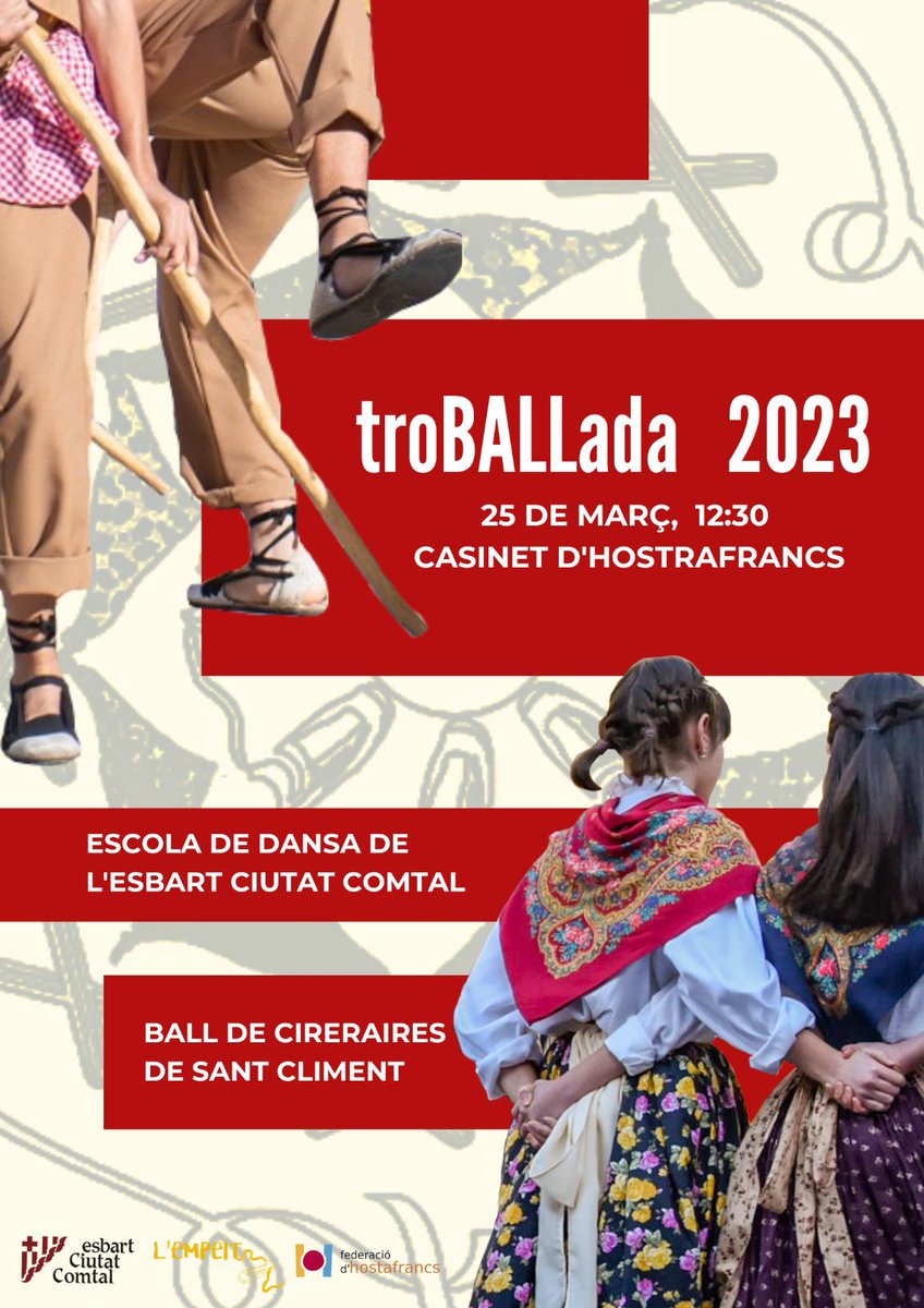 esbartciutatcom's tweet photo. troBALLada 2023 #jalatenimaqui ♥️ Treu l’agenda que el dissabte 25 de març a les 12.30h al pati del Casinet #escoladedansa i el Ball de Cireraires de #SantCliment oferirem una actuació amb moltes sorpreses! #vineaballar 🩰 #socECC #somculturapopular 👏👏👏 https://t.co/vXG6THdSlF