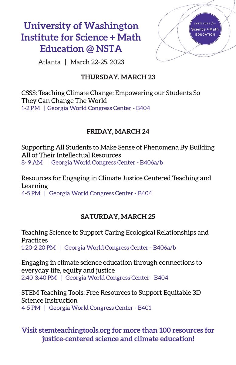 PLS RT #NGSSchat

So excited for our <a href="/STEMTeachTools/">STEM Teaching Tools</a> team to present these #SciEd sessions at #NSTA23 in Atlanta later this week along with our collaborators! 

If you are attending, please consider joining us! We will be distributing STEM Teaching Tools throughout our sessions!