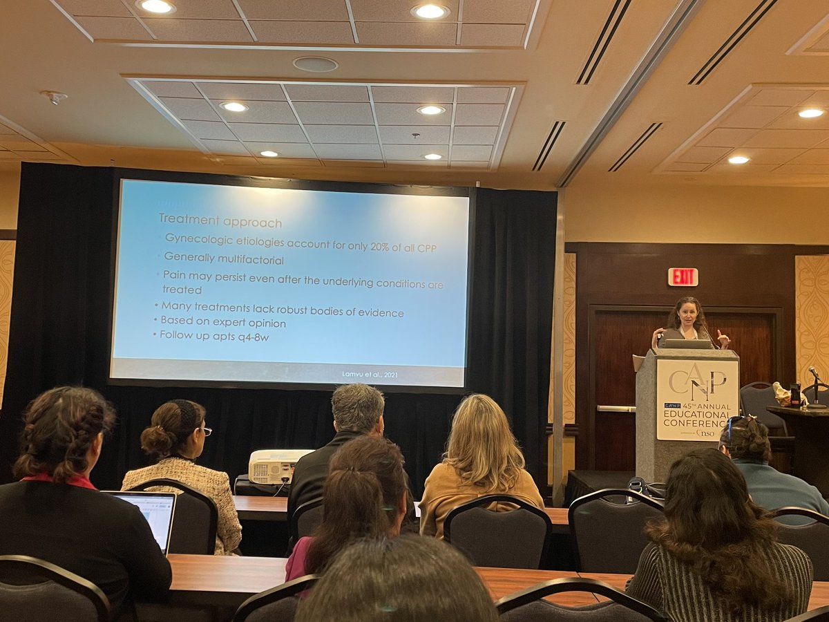 EhrlichNP's tweet photo. Fantastic lecture and pearls from Becca Neuwirth, FNP on chronic pelvic pain in pts assigned female at birth - typically multi-factorial, gyn etiologies acct for apx 20% of CPP, txs are also multi-factorial @CaliforniaNP @UCSFHospitals @UCSFNurse @aboutKP #CANP45 https://t.co/F89GRcoDlq