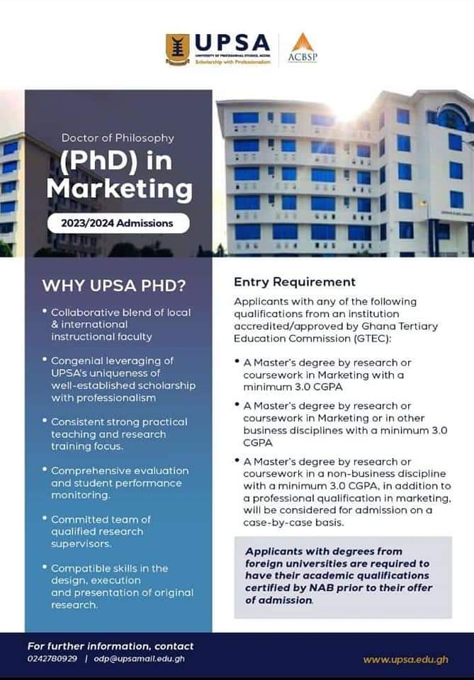 upsaccra's tweet photo. The University of Professional Studies, Accra (UPSA) invites applications from suitably qualified applicants for admission to the under-listed PhD programmes for the 2023/2024 academic year:
#UPSA #AdmissionsOpen #PhDprogrammes https://t.co/PHuJifRZUh