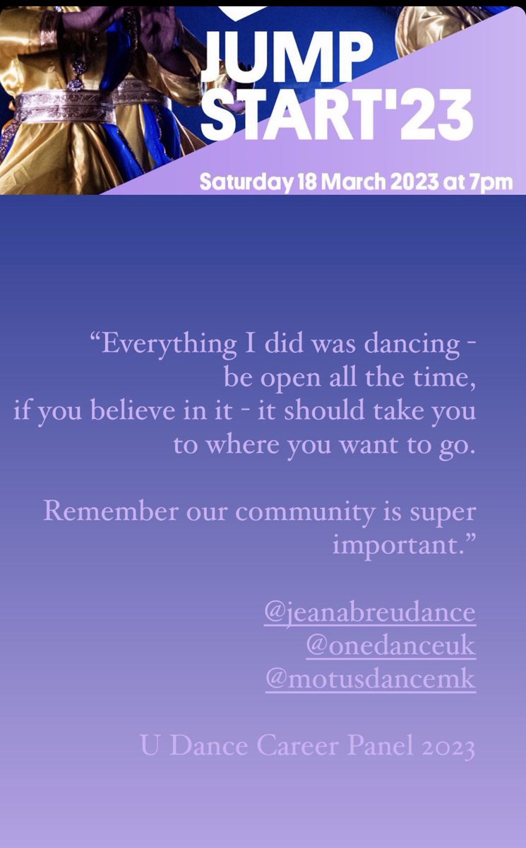 jeanabreudance's tweet photo. Some wise words form @jeanabreu
Great to be part of the U Dance careers panel @VenueMK @motusdancefest @onedanceuk @southeastdance #jumpstart23 https://t.co/HeITHtVCCH