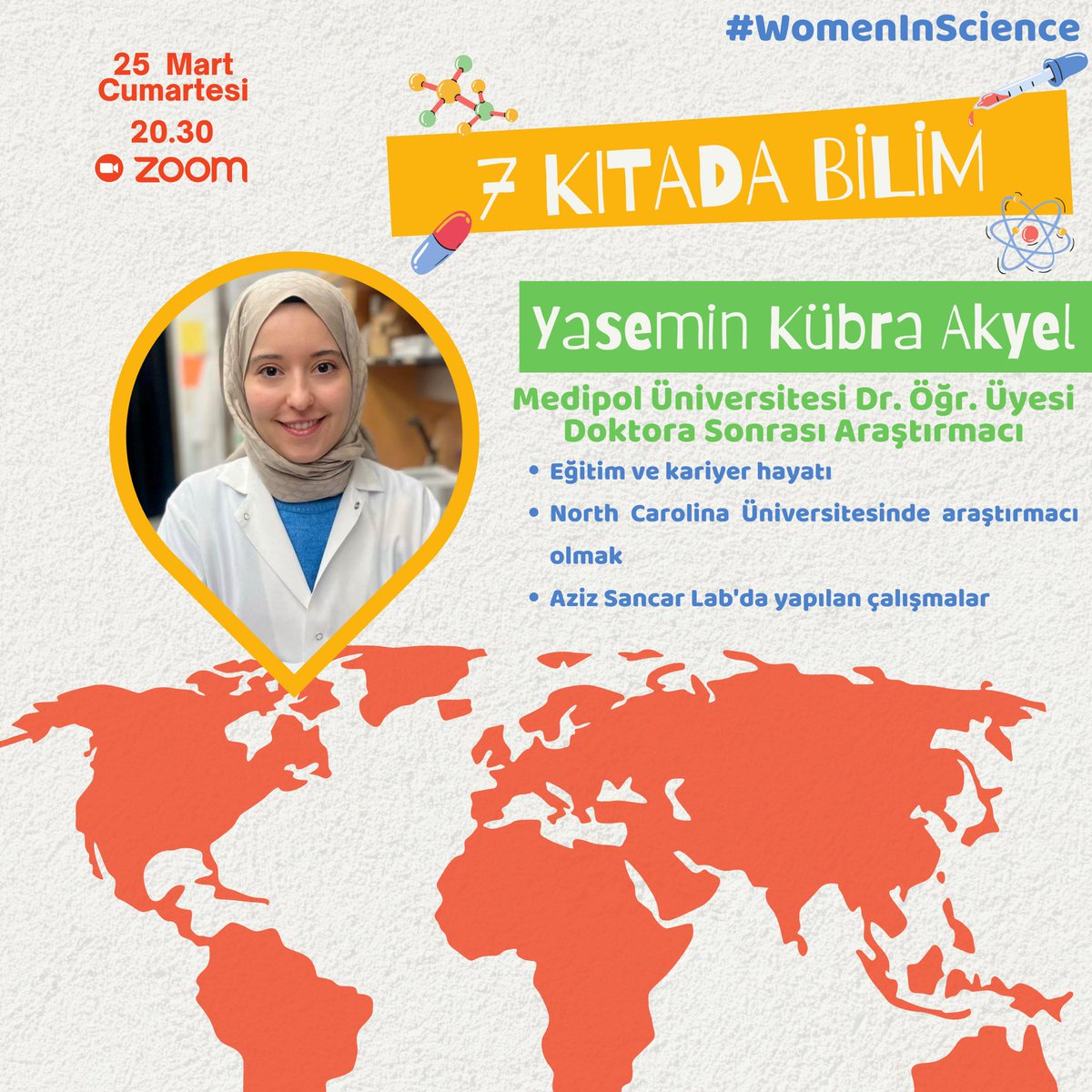 7 Kıtada Bilim serimizin yeni yayınıyla karşınızdayız!👩🏻‍🔬🔬
🗓️25 Mart 20.30’da Dr. Öğr. Üyesi Yasemin Kübra Akyel’in eğitim ve kariyer hayatı, North Carolina Üniversitesinde araştırmacı olmak ve Sancar Lab’da yaptığı çalışmalar hakkındaki canlı yayınımıza davetlisiniz!