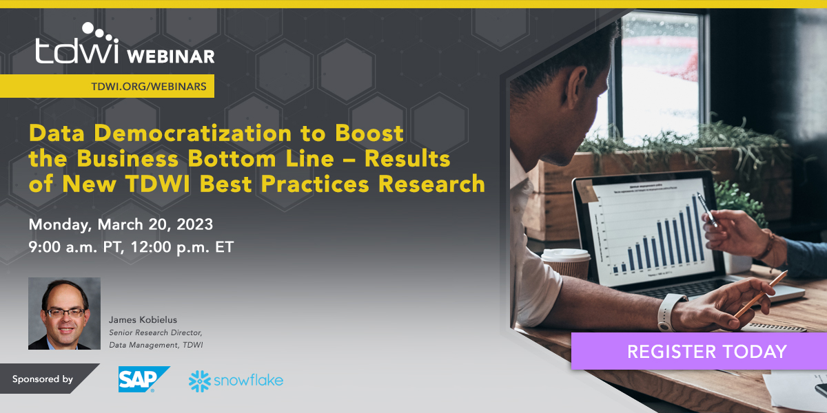 TDWI's tweet photo. Next Monday! Please join TDWI’s James Kobielus as he discusses his most recent Best Practices Report on delivering quantitative business returns from #data #democratization, #operationalization, #productization, and #monetization. #webinar | https://t.co/fdIYHIggpL https://t.co/YEu372n5az