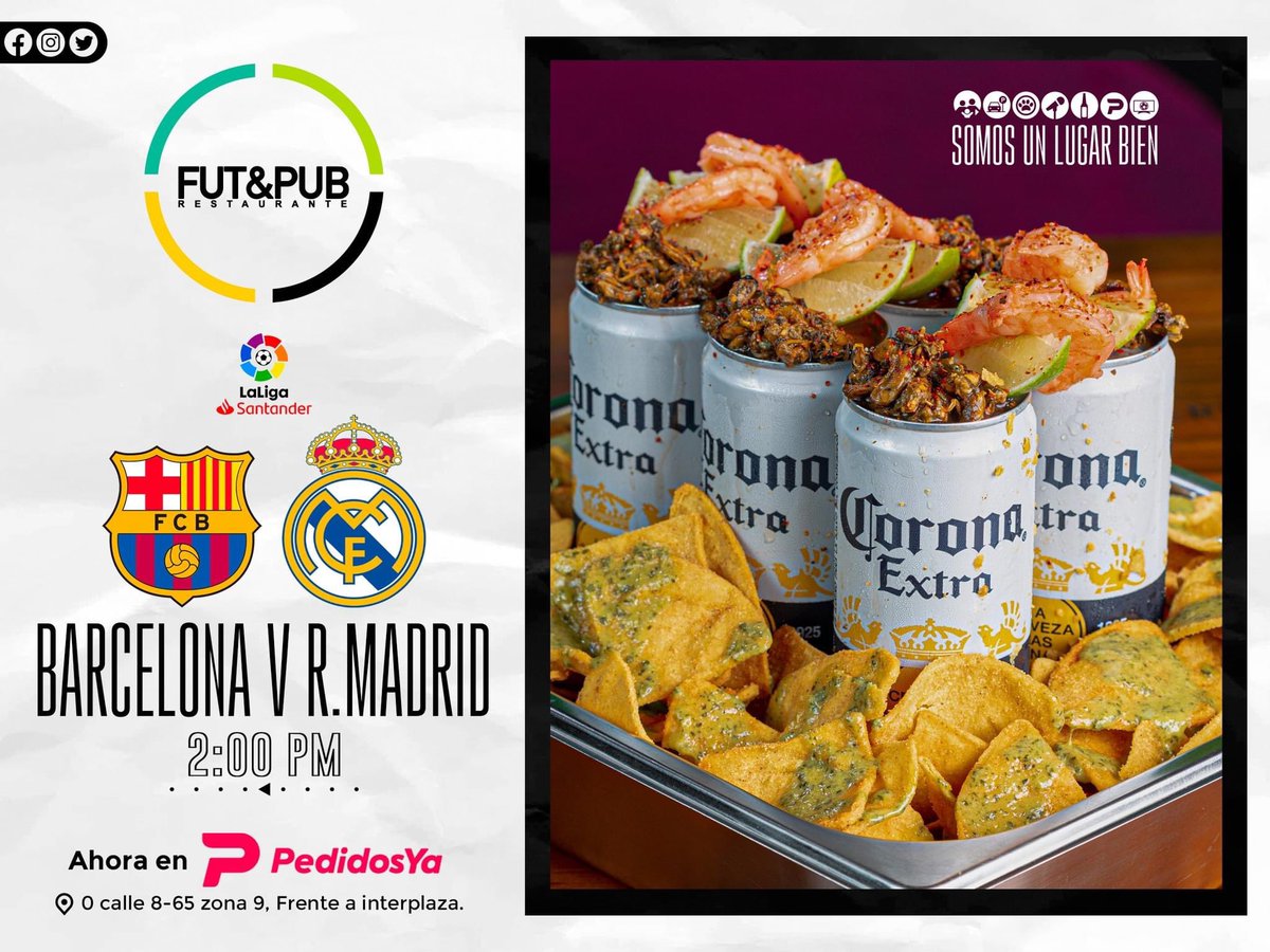 FutandPub's tweet photo. ¡DISFRUTEMOS LA LIGA en Fut&amp;Pub restaurante!

BARCELONA VRS REAL MADRID a las 2PM 🍺🥩⚽ Disfruta este apasionado juego acompañado de nuestras exquisitas BANDEJAS NACHELERAS! Pide tu favorita: Michelob / Corona / Modelo

THE PLACE OF TASTE!

#futandpub #boxparkxela #xela #clasico https://t.co/SezXpjgTak