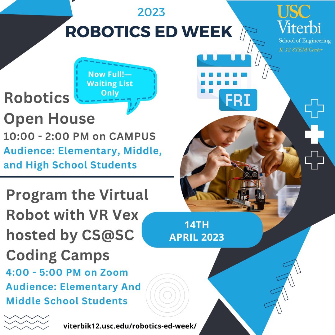USCViterbiSTEM's tweet image. Our final programming for #nationalroboticsweek , coming this April. Sign ups are filling up fast so make sure you register today using the link in our bio! 
#robotics #stem #stemeducation #stemmiddleschool #stemlearning #stemhighschool #stemgirls #stemactivities
