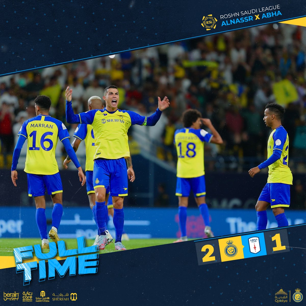 🔚 | صافـرة النهايـة! 

النصر 2 - 1 أبها
⚽️ كريستيانو رونالدو
⚽️ اندرسون تاليسكا

مبروك يا عالميين! 💛
#النصر_أبها