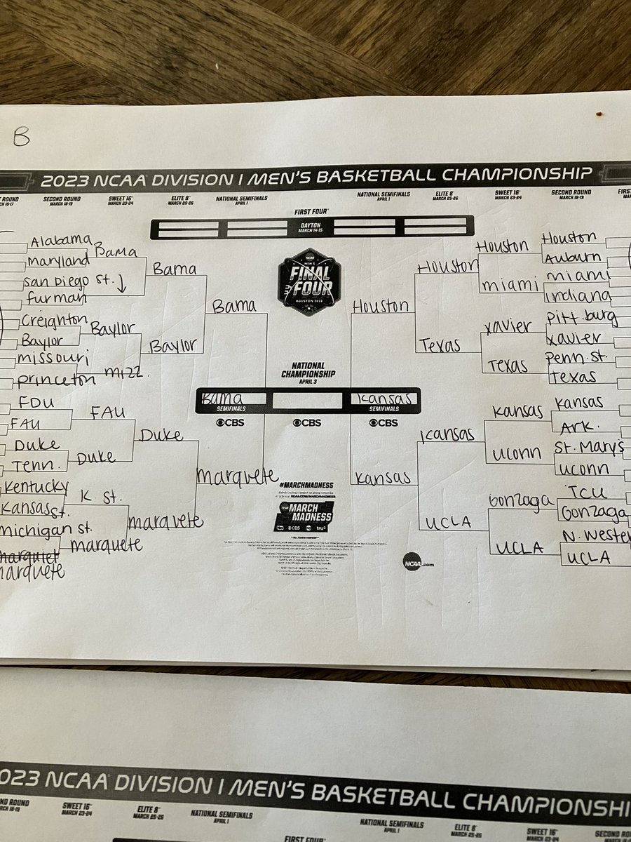 EazyBeezy7's tweet photo. My wife and I’s annual 2nd round &amp; on bracket challenge!! Her bracket is the first pic! Either she knows something I don’t or this could get ugly 😂 https://t.co/wShkUftiZc