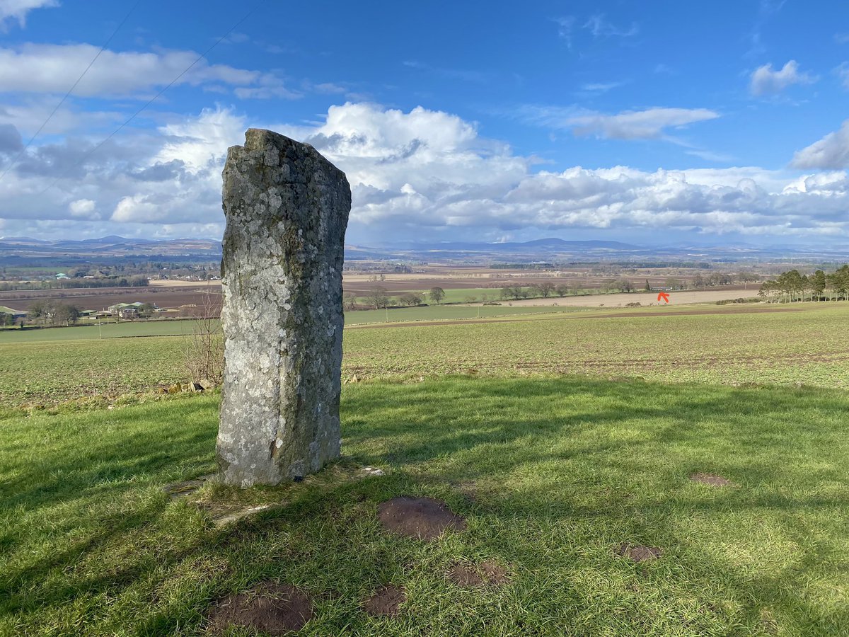 The view past the 1500 yr old Keillor Pictish Stone W of Newtyle village on the north slopes of the Sidlaws in Angus to the site of the house at Chapel of Keillor of Jacobite recruit Joseph Ferguson (red arrow). He without doubt sat by the ancient stone before &amp; after the Rising.